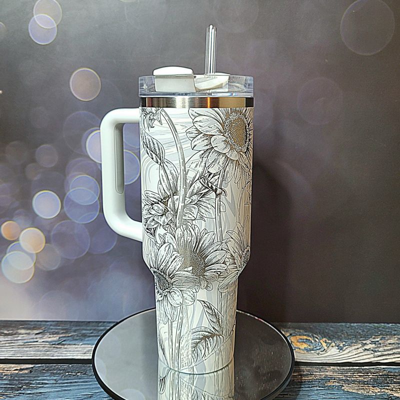 Butterfly Sunflower Stanley, Wildflower Engraved Tumbler, Personalized Tumbler, Matching Topper (30oz Charcoal H2.0 | Design Only)