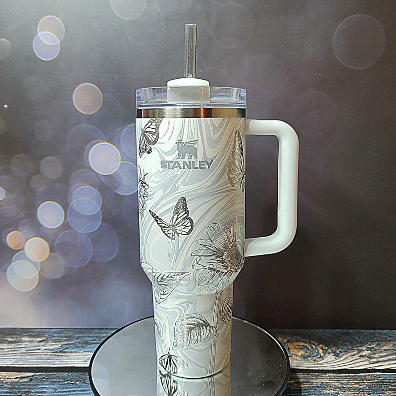 Butterfly Sunflower Stanley, Wildflower Engraved Tumbler, Personalized Tumbler, Matching Topper (30oz Charcoal H2.0 | Design Only)