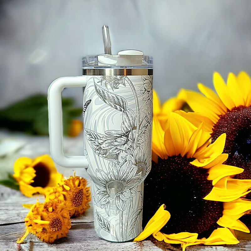 Butterfly Sunflower Stanley, Wildflower Engraved Tumbler, Personalized Tumbler, Matching Topper (30oz Charcoal H2.0 | Design Only)
