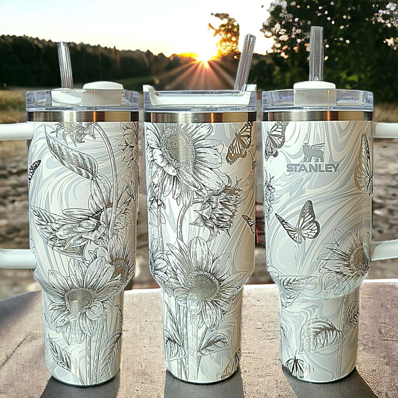 Butterfly Sunflower Stanley, Wildflower Engraved Tumbler, Personalized Tumbler, Matching Topper (30oz Charcoal H2.0 | Design Only)