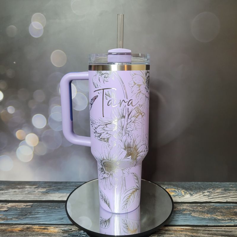 Butterfly Sunflower Stanley, Wildflower Engraved Tumbler, Personalized Tumbler, Matching Topper (30oz Charcoal H2.0 | Design Only)