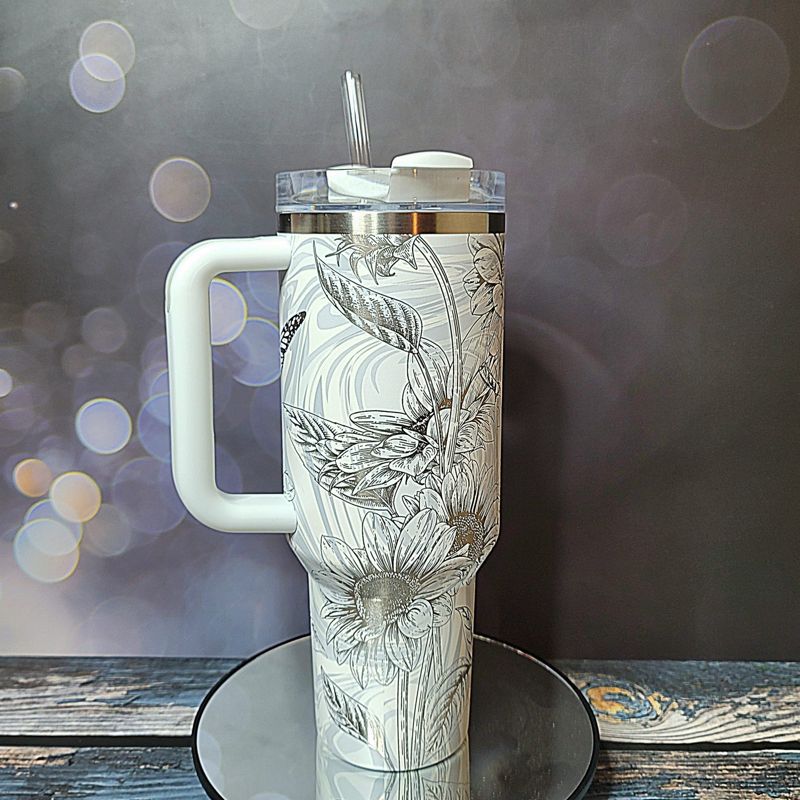 Butterfly Sunflower Stanley, Wildflower Engraved Tumbler, Personalized Tumbler, Matching Topper (30oz Charcoal H2.0 | Design Only)