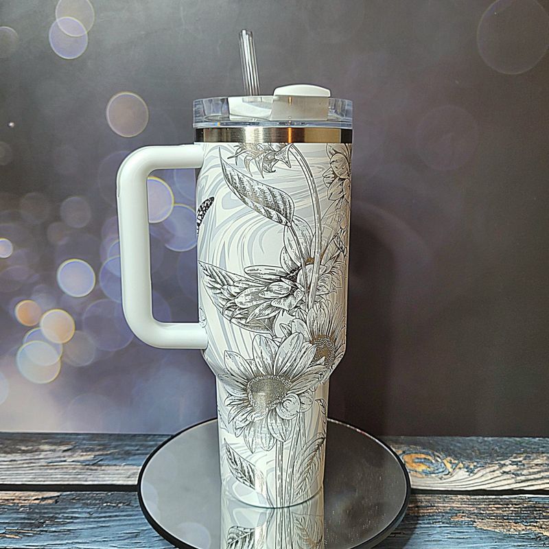 Butterfly Sunflower Stanley, Wildflower Engraved Tumbler, Personalized Tumbler, Matching Topper (30oz Charcoal H2.0 | Design Only)