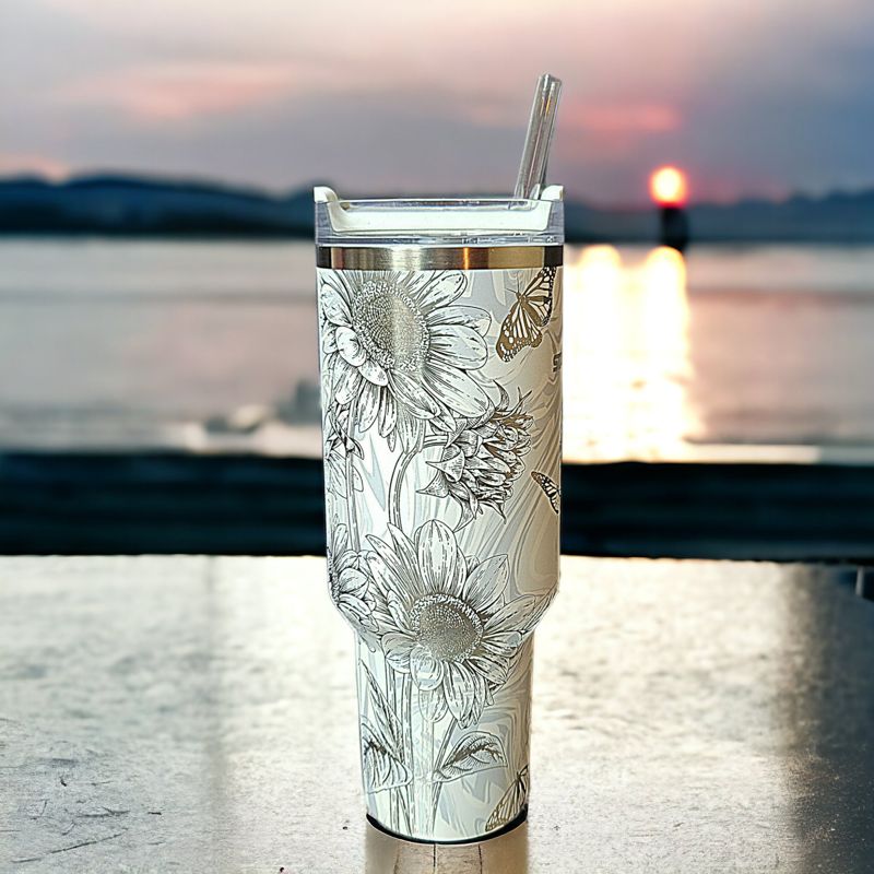Butterfly Sunflower Stanley, Wildflower Engraved Tumbler, Personalized Tumbler, Matching Topper (30oz Charcoal H2.0 | Design Only)