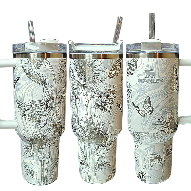 Butterfly Sunflower Stanley, Wildflower Engraved Tumbler, Personalized Tumbler, Matching Topper (30oz Charcoal H2.0 | Design Only)