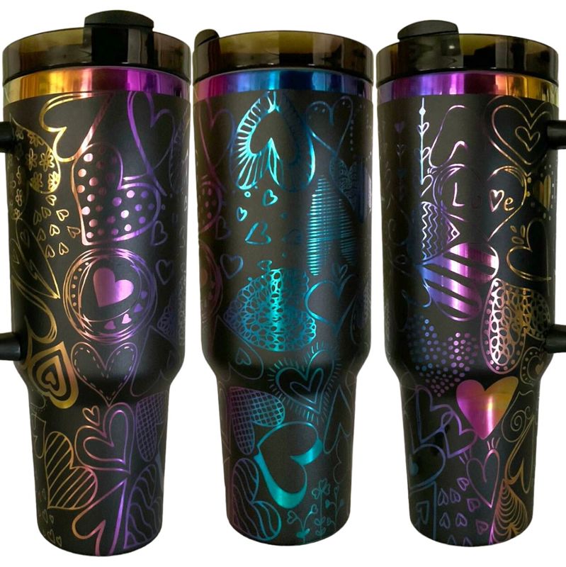 Rainbow Heart Tumbler, 40oz Rainbow Tumbler, Valentine's Day, Cupid Engraved Cup, Holographic Tumbler, Laser Engraved Holographic Tumbler (Black Rainbow | Design Only)