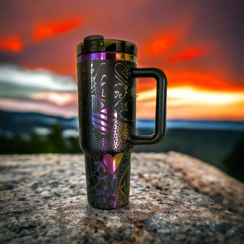 Rainbow Heart Tumbler, 40oz Rainbow Tumbler, Valentine's Day, Cupid Engraved Cup, Holographic Tumbler, Laser Engraved Holographic Tumbler (Black Rainbow | Design Only)