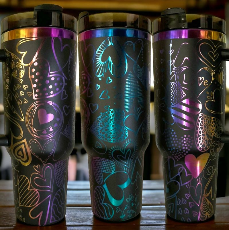 Rainbow Heart Tumbler, 40oz Rainbow Tumbler, Valentine's Day, Cupid Engraved Cup, Holographic Tumbler, Laser Engraved Holographic Tumbler (Black Rainbow | Design Only)
