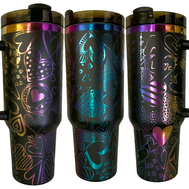 Rainbow Heart Tumbler, 40oz Rainbow Tumbler, Valentine's Day, Cupid Engraved Cup, Holographic Tumbler, Laser Engraved Holographic Tumbler (Black Rainbow | Design Only)