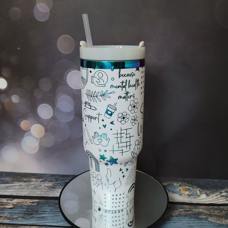 Social Worker Tumbler, 40oz Rainbow Tumbler, Mental Health Matters, Empowerment Cup, Holographic Tumbler, Laser Engraved Holographic Tumbler (Black Rainbow | Design Only)