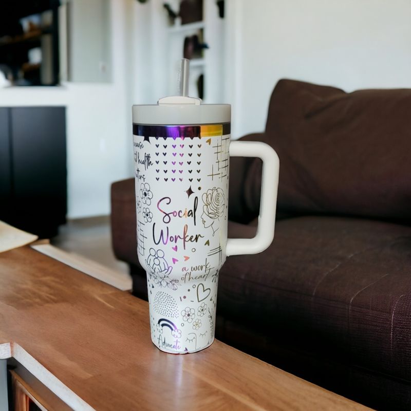 Social Worker Tumbler, 40oz Rainbow Tumbler, Mental Health Matters, Empowerment Cup, Holographic Tumbler, Laser Engraved Holographic Tumbler (Black Rainbow | Design Only)