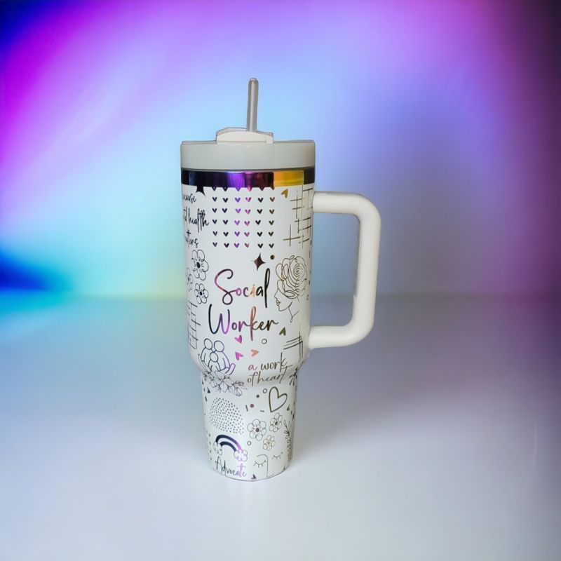 Social Worker Tumbler, 40oz Rainbow Tumbler, Mental Health Matters, Empowerment Cup, Holographic Tumbler, Laser Engraved Holographic Tumbler (Black Rainbow | Design Only)