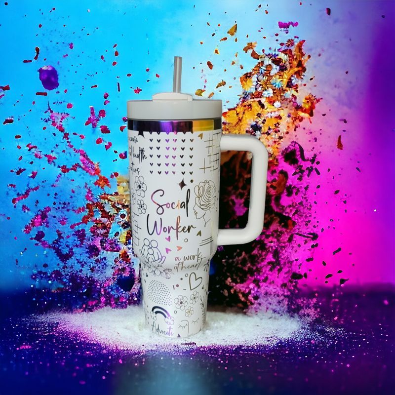 Social Worker Tumbler, 40oz Rainbow Tumbler, Mental Health Matters, Empowerment Cup, Holographic Tumbler, Laser Engraved Holographic Tumbler (Black Rainbow | Design Only)