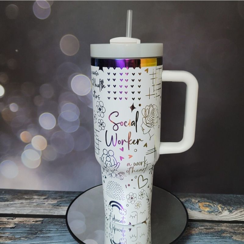 Social Worker Tumbler, 40oz Rainbow Tumbler, Mental Health Matters, Empowerment Cup, Holographic Tumbler, Laser Engraved Holographic Tumbler (Black Rainbow | Design Only)