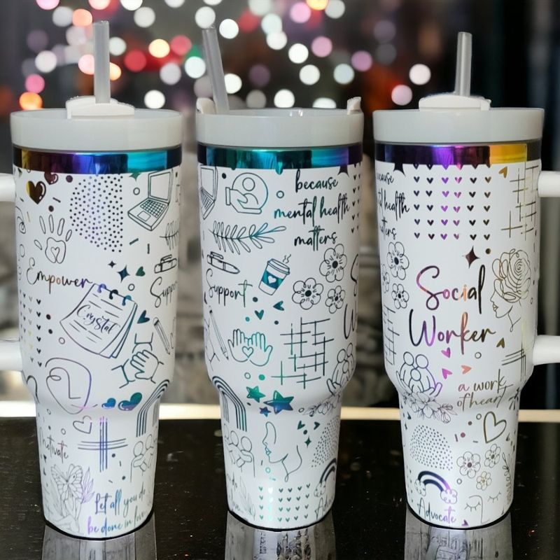 Social Worker Tumbler, 40oz Rainbow Tumbler, Mental Health Matters, Empowerment Cup, Holographic Tumbler, Laser Engraved Holographic Tumbler (Black Rainbow | Design Only)
