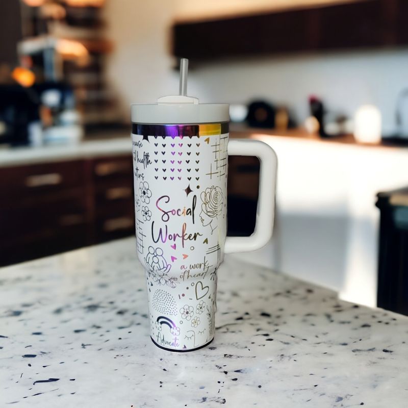 Social Worker Tumbler, 40oz Rainbow Tumbler, Mental Health Matters, Empowerment Cup, Holographic Tumbler, Laser Engraved Holographic Tumbler (Black Rainbow | Design Only)