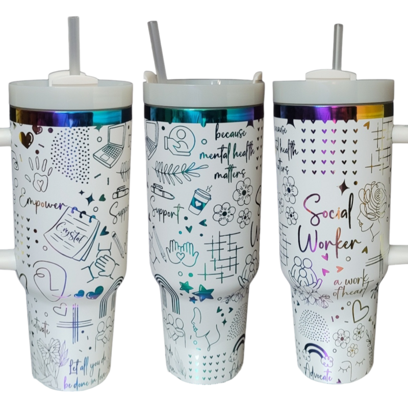 Social Worker Tumbler, 40oz Rainbow Tumbler, Mental Health Matters, Empowerment Cup, Holographic Tumbler, Laser Engraved Holographic Tumbler (Black Rainbow | Design Only)