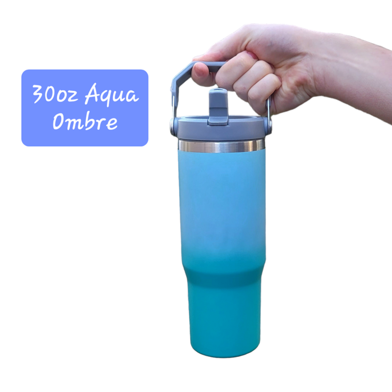 Laser Engraved Sea Creatures Tumbler - Octopus, Sea Turtle, Jellyfish Design - Ocean Themed Cups, Flip Cup with Straw, Underwater Cup Design (Aqua Ombre)