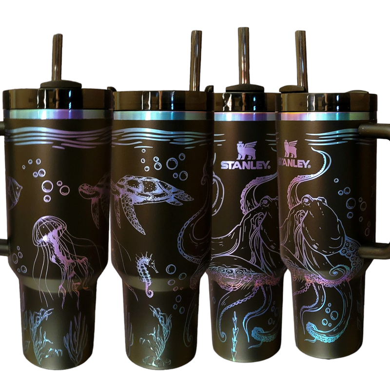 Ocean Adventure 40oz Laser-Engraved Tumbler: Whimsical Sea Creatures and Your Choice of Colors (30oz Pool H2.0)