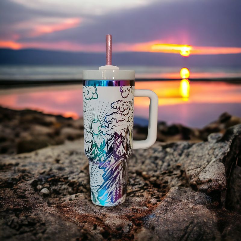 Mystical Mountain Tumbler - Personalized 40oz Stainless Steel Mug with Straw (Black Rainbow | Design Only)