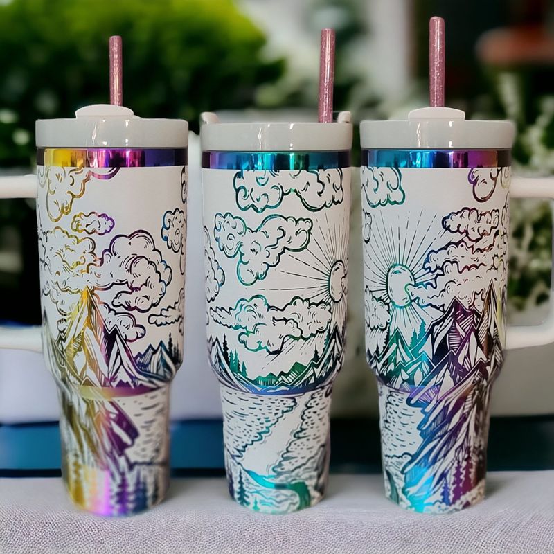 Mystical Mountain Tumbler - Personalized 40oz Stainless Steel Mug with Straw (Black Rainbow | Design Only)