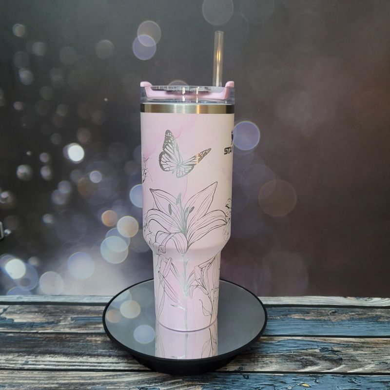 40oz Stanley Tumbler | Floral Sunflower and Lily Design | Perfect Gift for Gardeners & Nature Lovers (Charcoal H2.0 | Design Only)