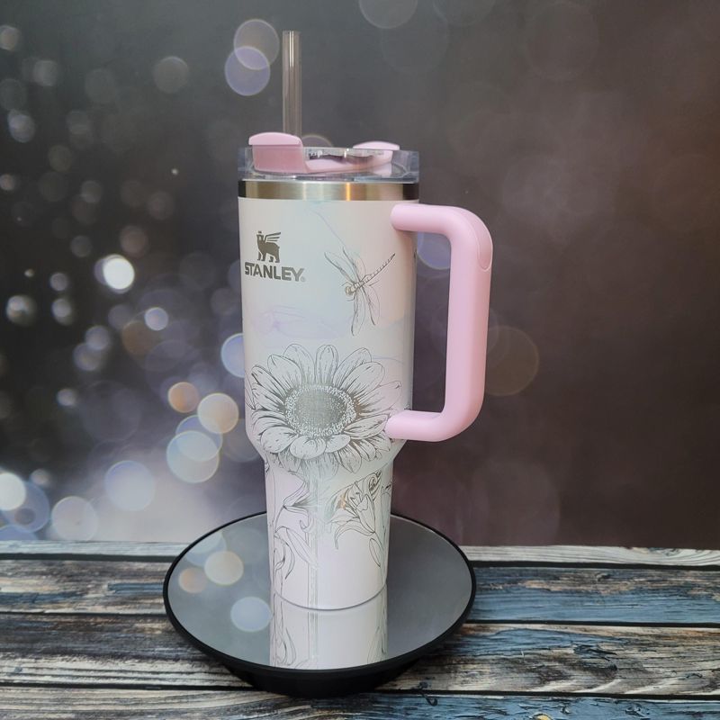 40oz Stanley Tumbler | Floral Sunflower and Lily Design | Perfect Gift for Gardeners & Nature Lovers (Charcoal H2.0 | Design Only)