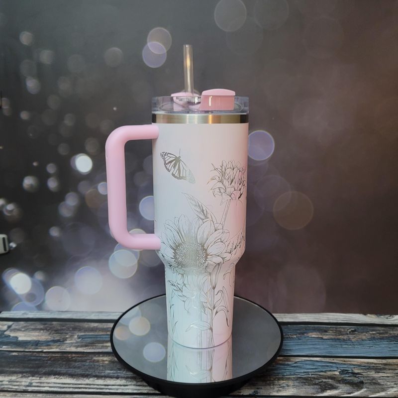 40oz Stanley Tumbler | Floral Sunflower and Lily Design | Perfect Gift for Gardeners & Nature Lovers (Charcoal H2.0 | Design Only)