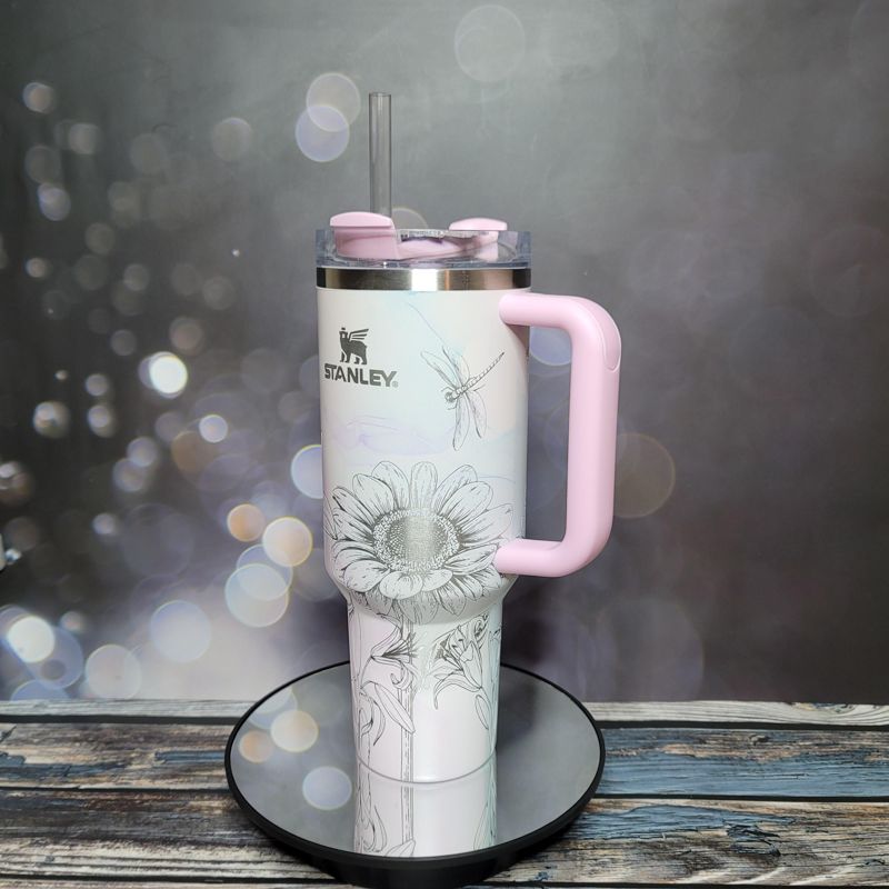 40oz Stanley Tumbler | Floral Sunflower and Lily Design | Perfect Gift for Gardeners & Nature Lovers (Charcoal H2.0 | Design Only)