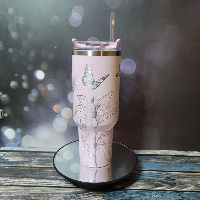 40oz Stanley Tumbler | Floral Sunflower and Lily Design | Perfect Gift for Gardeners & Nature Lovers (Charcoal H2.0 | Design Only)