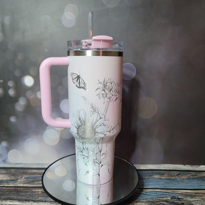 40oz Stanley Tumbler | Floral Sunflower and Lily Design | Perfect Gift for Gardeners & Nature Lovers (Charcoal H2.0 | Design Only)