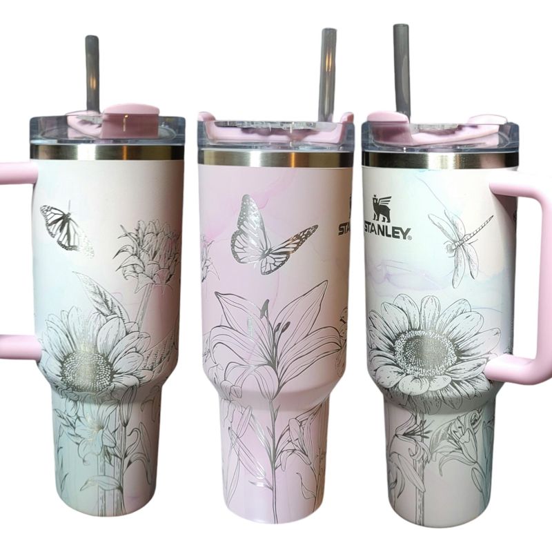 40oz Stanley Tumbler | Floral Sunflower and Lily Design | Perfect Gift for Gardeners & Nature Lovers (Charcoal H2.0 | Design Only)