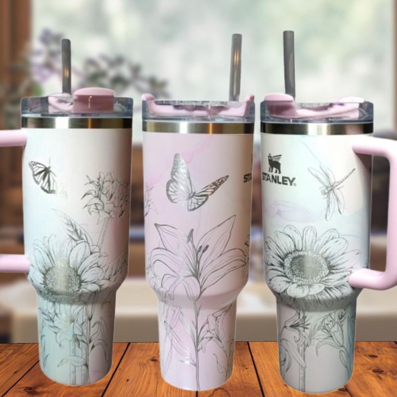 40oz Stanley Tumbler | Floral Sunflower and Lily Design | Perfect Gift for Gardeners & Nature Lovers (Charcoal H2.0 | Design Only)