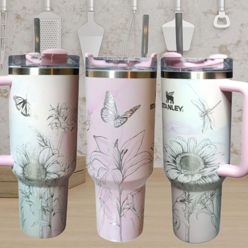 40oz Stanley Tumbler | Floral Sunflower and Lily Design | Perfect Gift for Gardeners & Nature Lovers (Charcoal H2.0 | Design Only)