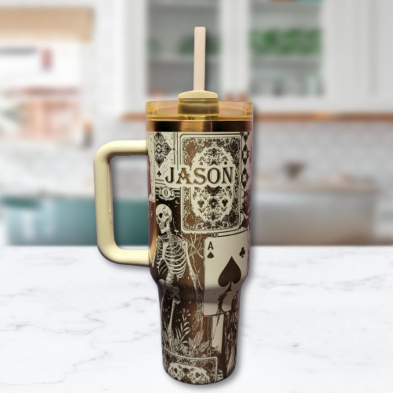 Engraved Copper Tumbler with Clown Skull and Roses Playing Card Design (Black Copper | Design Only)