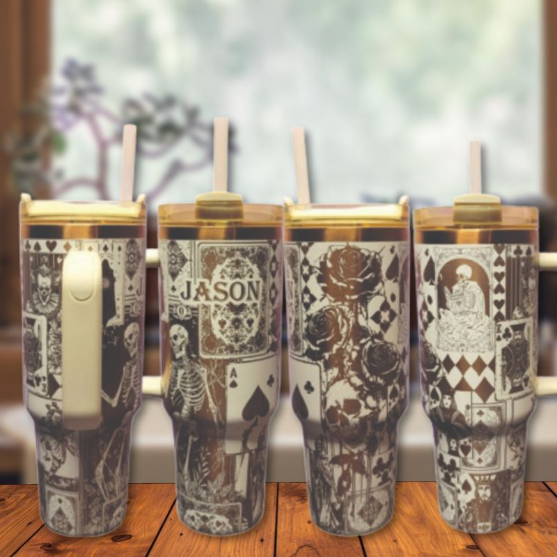 Engraved Copper Tumbler with Clown Skull and Roses Playing Card Design (Black Copper | Design Only)