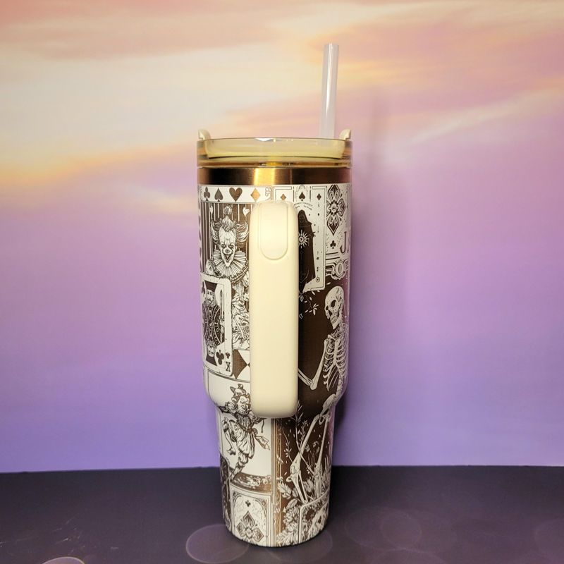 Engraved Copper Tumbler with Clown Skull and Roses Playing Card Design (Black Copper | Design Only)