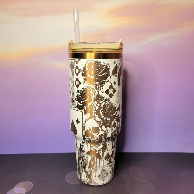 Engraved Copper Tumbler with Clown Skull and Roses Playing Card Design (Black Copper | Design Only)