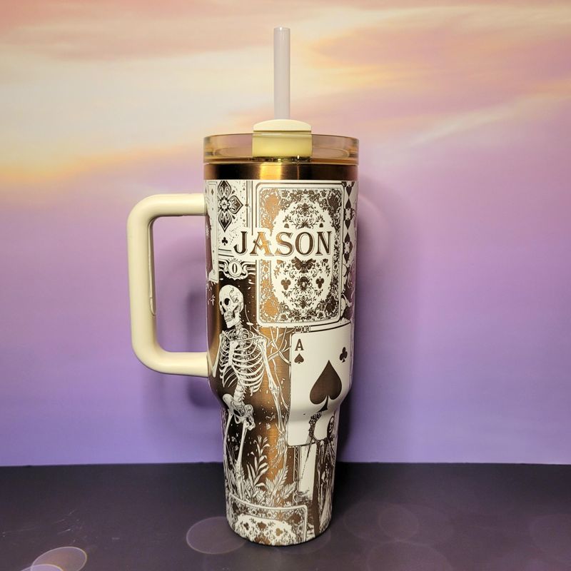 Engraved Copper Tumbler with Clown Skull and Roses Playing Card Design (Black Copper | Design Only)
