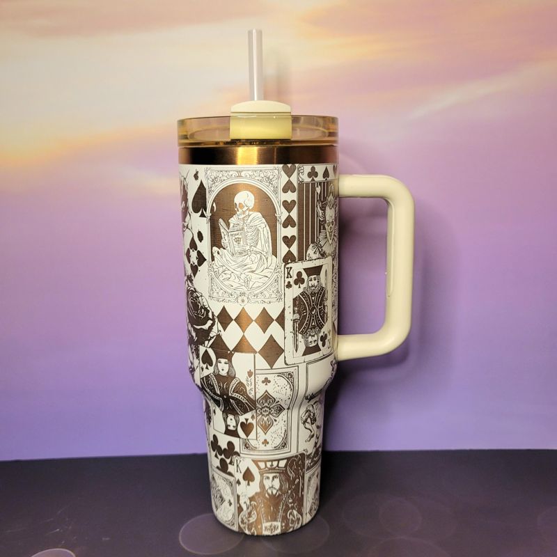 Engraved Copper Tumbler with Clown Skull and Roses Playing Card Design (Black Copper | Design Only)