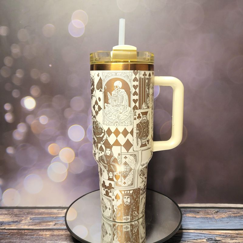 Engraved Copper Tumbler with Clown Skull and Roses Playing Card Design (Black Copper | Design Only)