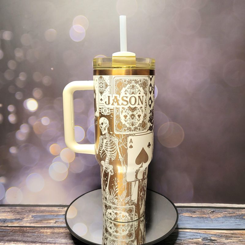 Engraved Copper Tumbler with Clown Skull and Roses Playing Card Design (Black Copper | Design Only)