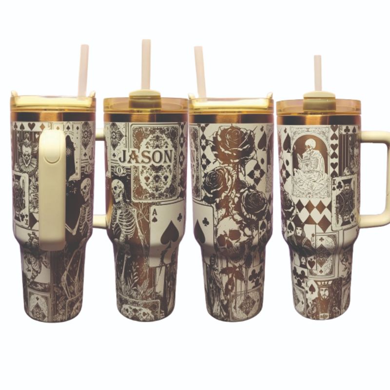 Engraved Copper Tumbler with Clown Skull and Roses Playing Card Design (Black Copper | Design Only)
