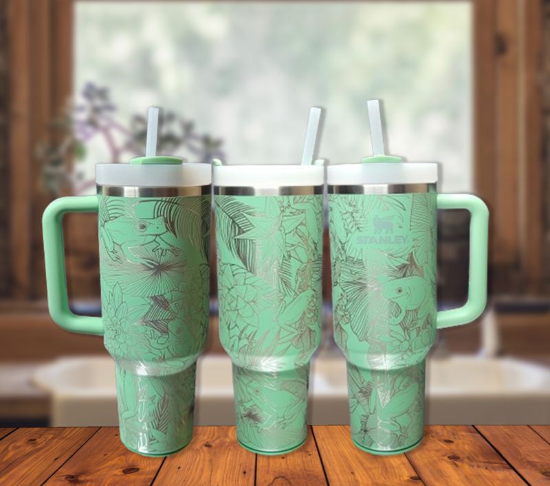 Whimsical Tree Frog Engraved 40oz Stanley Tumbler with Straw & Handle - Full Wrap Leaf Design (Charcoal H2.0 | Design Only)