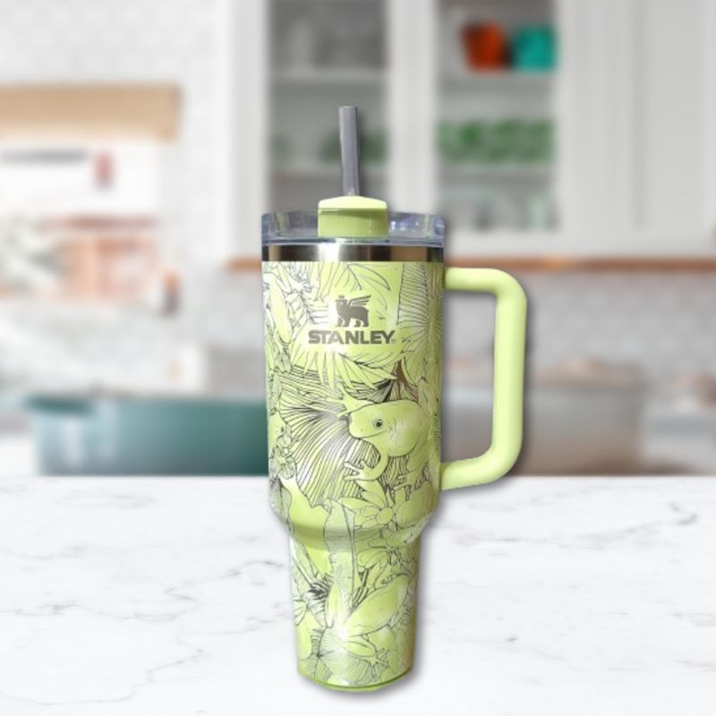 Whimsical Tree Frog Engraved 40oz Stanley Tumbler with Straw & Handle - Full Wrap Leaf Design (Charcoal H2.0 | Design Only)