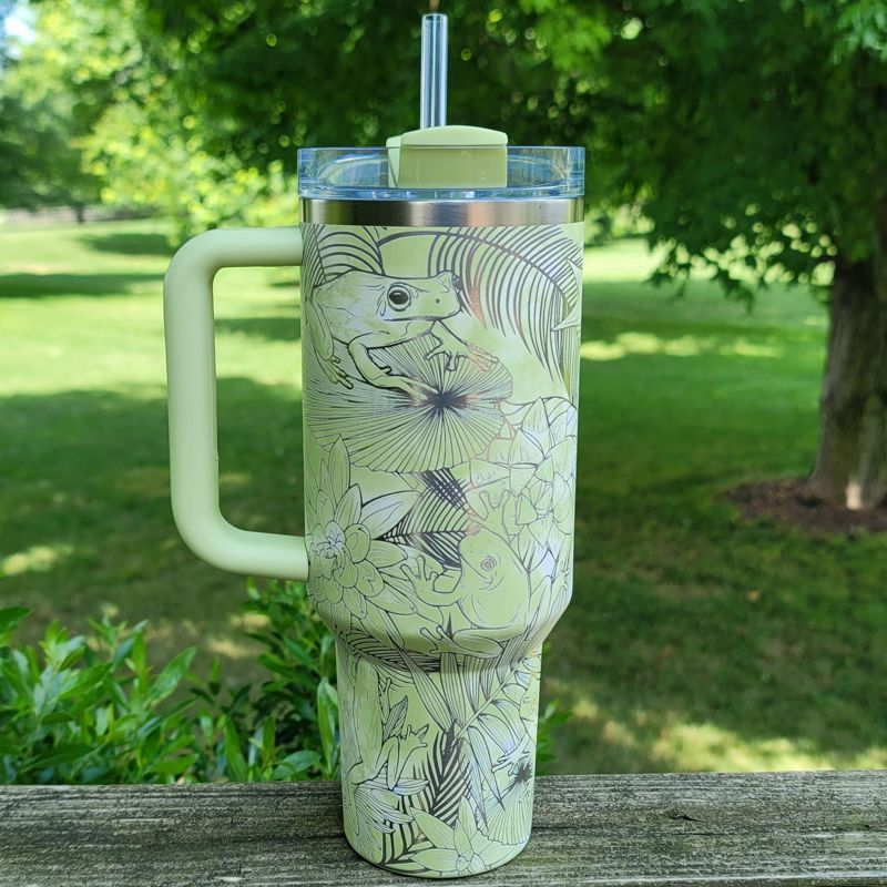 Whimsical Tree Frog Engraved 40oz Stanley Tumbler with Straw & Handle - Full Wrap Leaf Design (Charcoal H2.0 | Design Only)