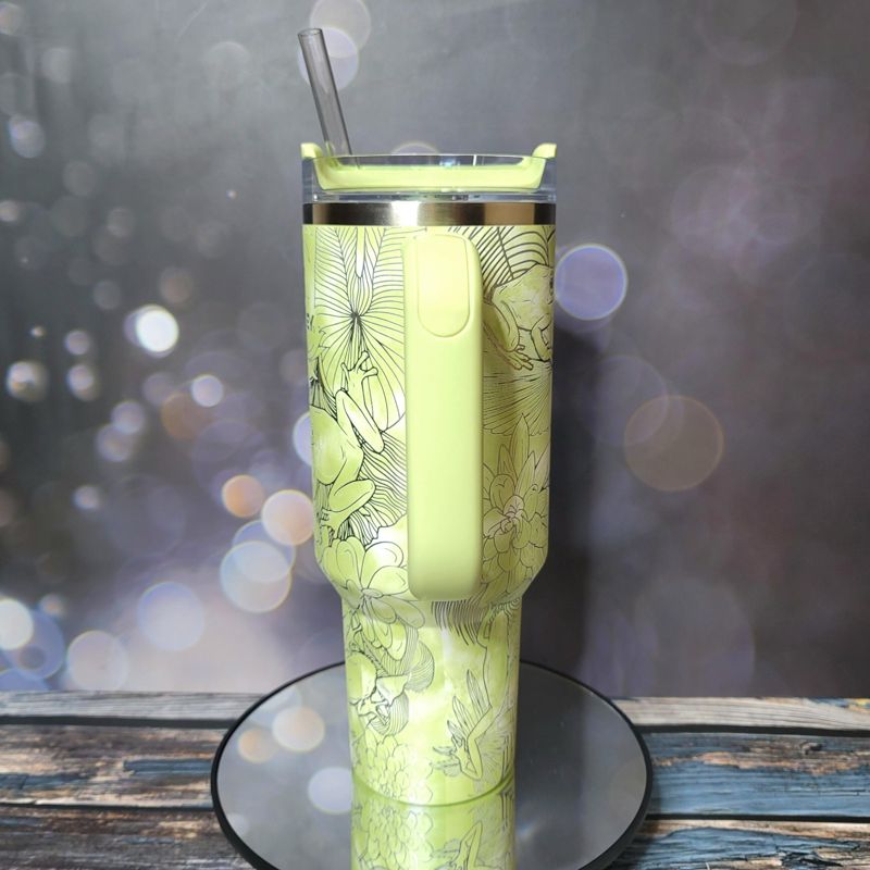 Whimsical Tree Frog Engraved 40oz Stanley Tumbler with Straw & Handle - Full Wrap Leaf Design (Charcoal H2.0 | Design Only)