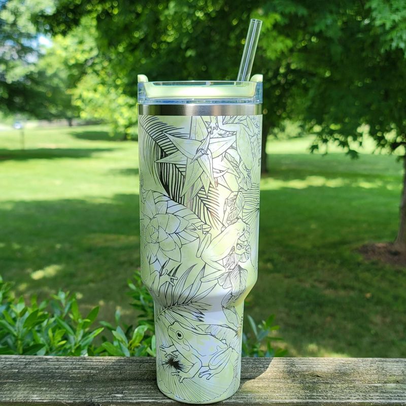 Whimsical Tree Frog Engraved 40oz Stanley Tumbler with Straw & Handle - Full Wrap Leaf Design (Charcoal H2.0 | Design Only)