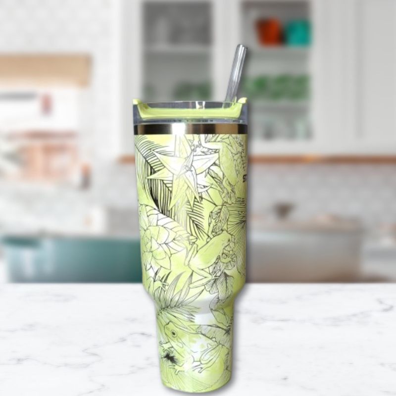 Whimsical Tree Frog Engraved 40oz Stanley Tumbler with Straw & Handle - Full Wrap Leaf Design (Charcoal H2.0 | Design Only)