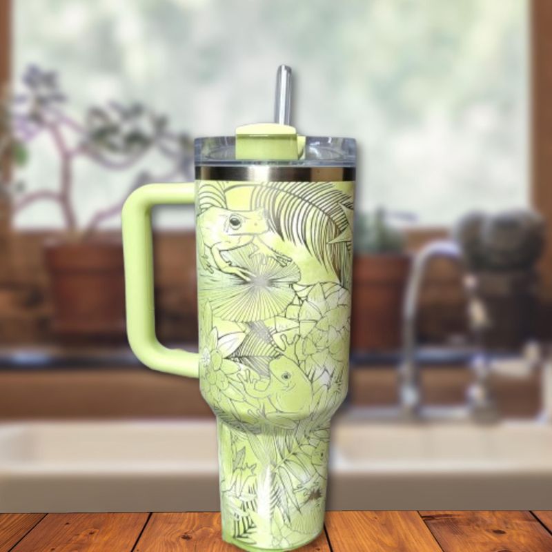 Whimsical Tree Frog Engraved 40oz Stanley Tumbler with Straw & Handle - Full Wrap Leaf Design (Charcoal H2.0 | Design Only)